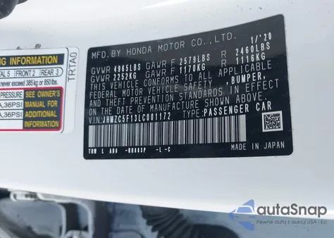 2020 Honda Clarity Plug-In Hybrid z USA, uszkodzony, nr VIN JHMZC5F13LC001172